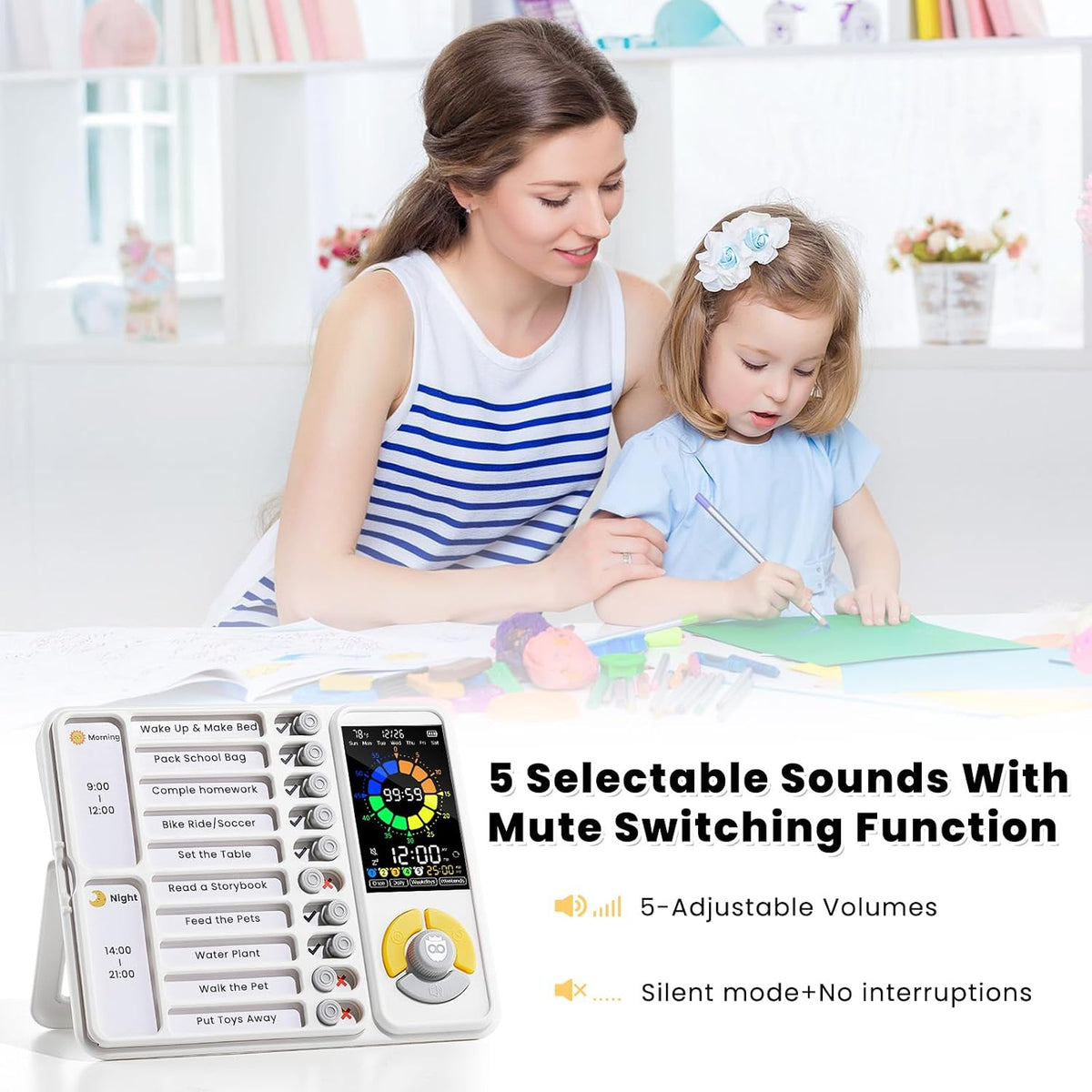 ADHD Tool for Kids, 5-in-1 Visual Timer with Chore Chart Board, Visual Schedule for Kids, 12/24 Task Timer with 99'59'' Countdown/Countup, 5 Alarms, Silent Operation Visual Schedule for Autism - Pink