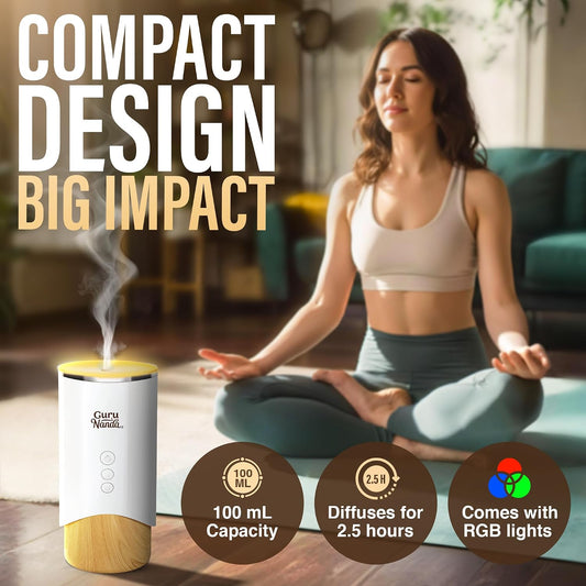 GuruNanda Calm Aura Essential Oil Diffuser, Sleek Modern Corded Electric Aromatherapy Diffuser with Turbo & Mist Modes, Auto Shut-Off Safety, Covers 250 Sq Ft, White, 100 ml