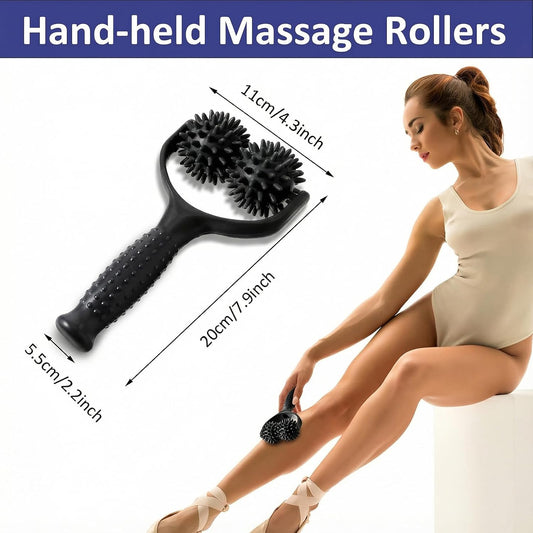 Handheld Spiky Massage Balls Rollers, 2 Wheel Spiky Massage Ball Rollers Silicone Manual Massage-Roller with Handle Pressure Point Muscle Massages Tool for Foot Arm Body Neck Leg Pain Pressure Relief