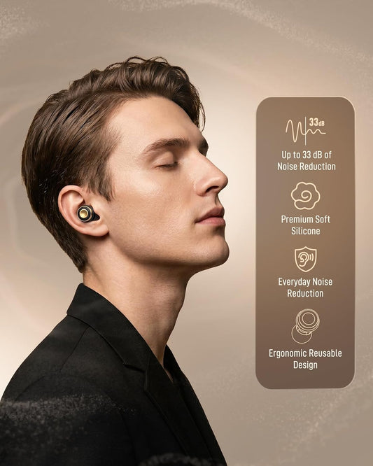 Reusable Earplugs for Focus, Travel & Work, Up to 33dB Noise Reducing Silicone Ear Plugs with 4 Sizes, Secure Fit, Portable Snap-Closure Case for Flights, Study, Commute Reading