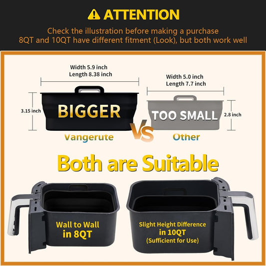 Collapsible Silicone Air Fryer Liners 8QT 10QT Ninja Dual (Gray) | 2 Pack Food Grade Platinum Silicone, Snug Rectangular Fit, Grease Drainage Ridges, Dishwasher Safe, BPA Free Basket Liner