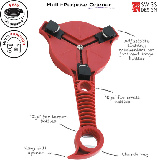 Kuhn Rikon 5-in-1 Multi-Purpose Strain-Free Opener for Jars, Bottles and Ring-Pull Cans, 5 x 10 x 2.25 inches, Red
