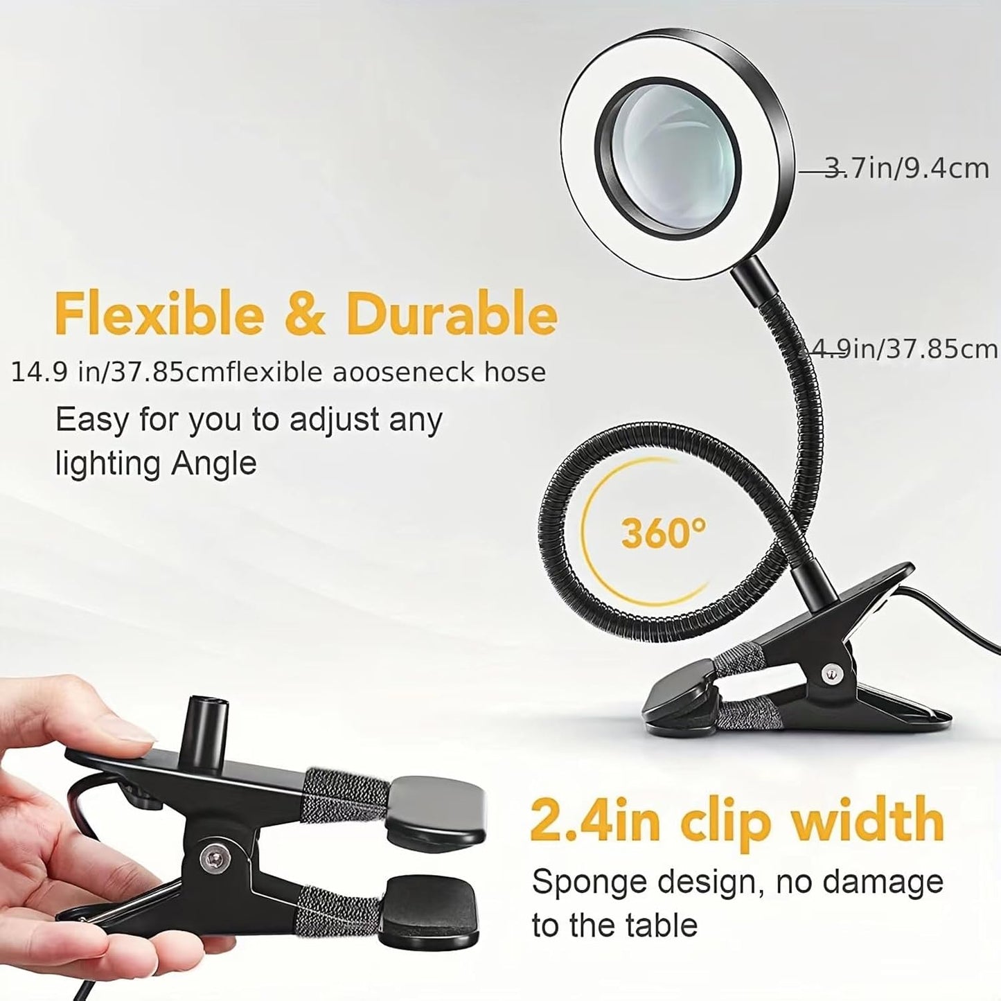 Magnifying Glass with Light Flexible Gooseneck Book Light Craft Lamp 12W 3 Colors Dimmable LED Desk Lamp for Reading Book in Bed at Night Clip on Table, Headboard Working,Studying