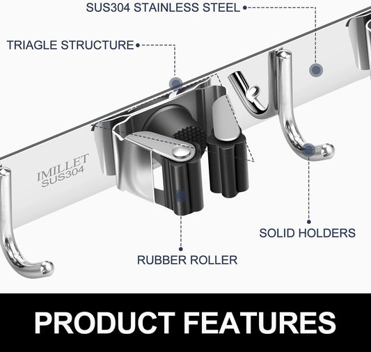 IMILLET Broom Holder Wall Mount, Heavy Duty Garage Organization Mop Hanger | Stainless Steel Broom and Mop Organizer Wall Hanging Self Adhesive for Laundry Room,Garden,Utility