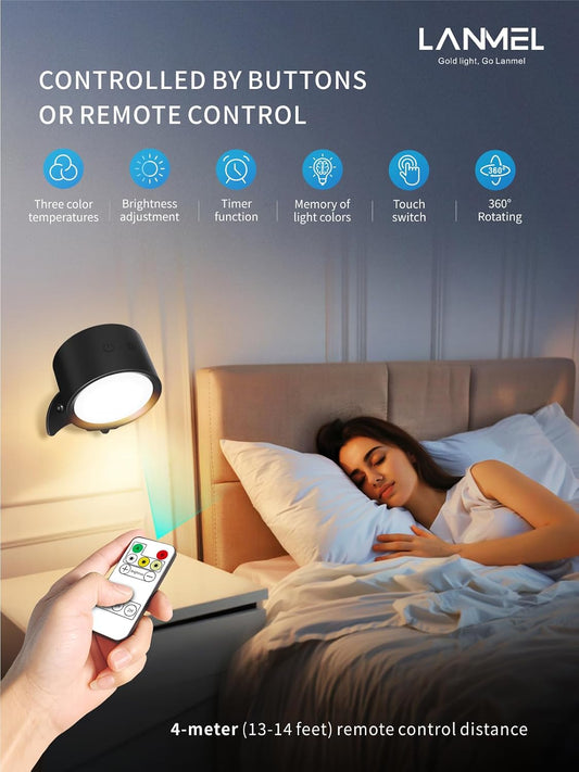 LANMEL LED Wall Mounted Lights,360° Rotating Rechargeable Wall Sconce Lamp | Gold,3CCT,Dimmable,with Remote & Touch Control,USB Wireless Wall Lamp, Suitable for Study,Bedroom,and Bedside Reading
