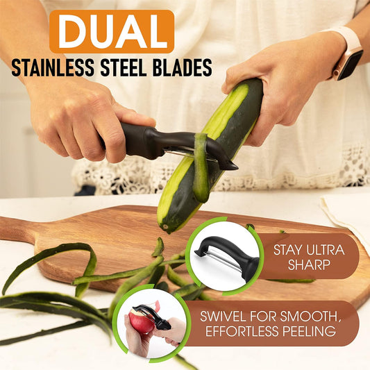Spring Chef Swivel Vegetable Peeler for Kitchen w/Soft Grip Handle, Black | Premium Potato Peeler w/ Ultra Sharp Stainless Steel Blades, Multifunctional Veggie Peeler for Apple, Carrot, Cucumber, Fruit