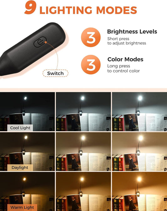 Monotremp Rechargeable Book Lights for Reading at Night, Clip-On 3 Colors | Eye-caring ultralight clip-on, stepless dimming, no flicker, amber mode, 80H runtime, 1.3oz, memory, gift for book lovers.