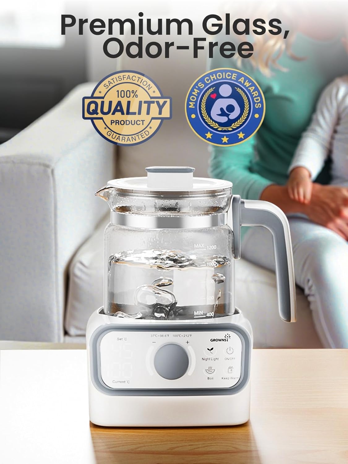 GROWNSY Baby Instant Warmer & Glass Water Boiler with LCD Display and Timer | Accurate Temperature Control for Formula, Coffee and Tea, 1.2 Liter Electric Kettle,Water Warmer for Baby Formula
