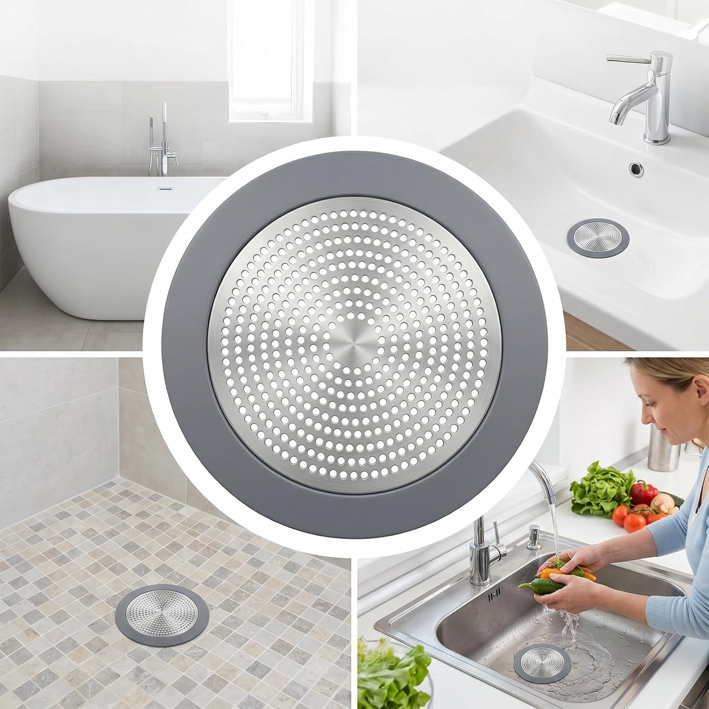 Flat Shower Drain Hair Catcher 5.7in Wide Round Hairs Stopper | Shower Drain Cover Sink Protector Filter for Showers Bathroom Pet Owners Homeowners Renters Stainless Steel & Silicone
