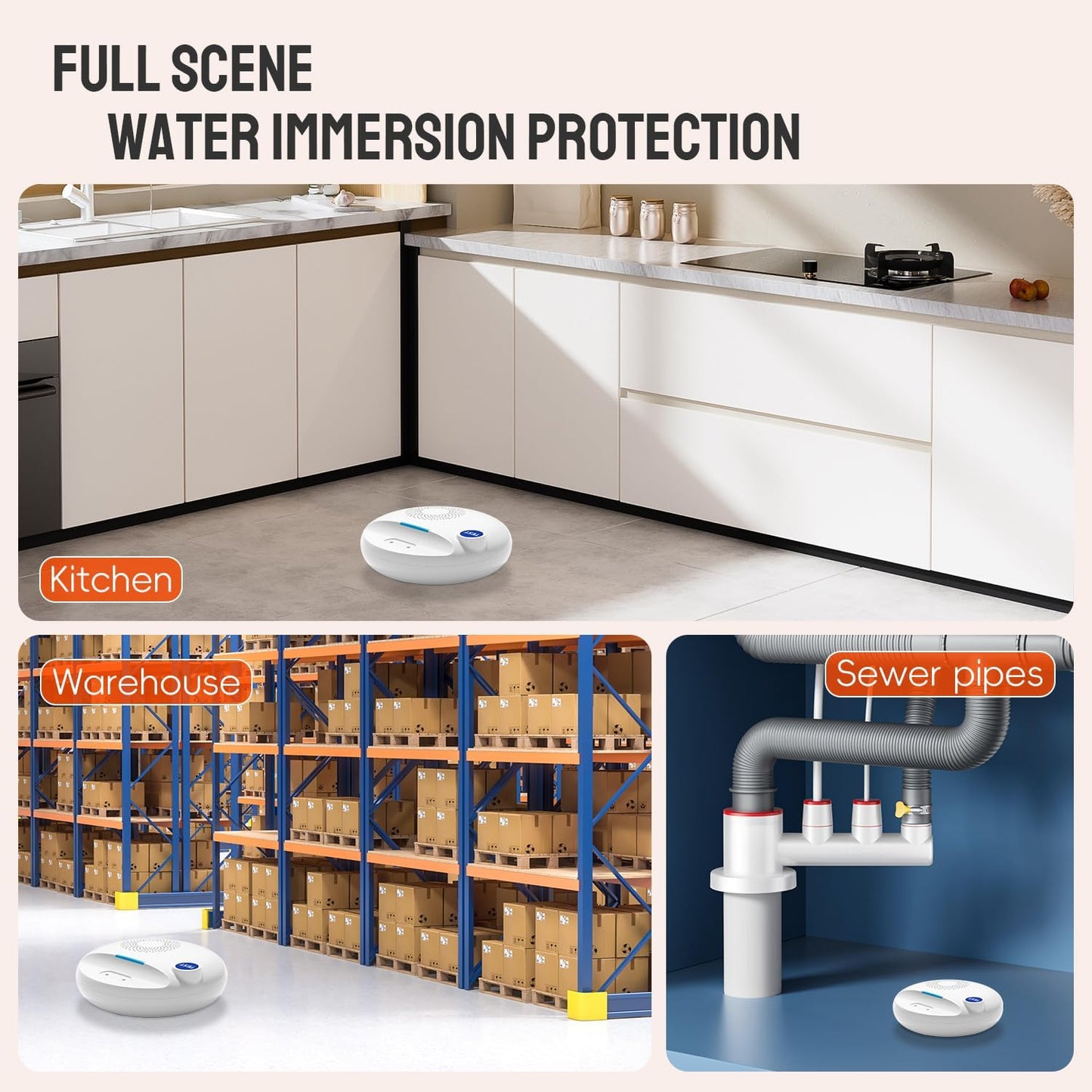PILSAMAS Wireless Water Leak Detector, Loud Siren Water Sensor Alarm, IP67 | Top and bottom dual metal probes, Rustproof ABS plastic, Real-time drip and flood detection, Great for under sink or basement