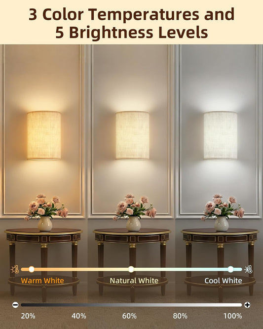EZVALO Battery Operated Wall Sconce, Rechargeable Wall Sconces Set of Two with Remote, Peel and Stick Wireless Wall Lights, 3 Color & 80 RGB, Dimmable, Timer, Fabric Linen Wall Mount Lamp for Bedroom