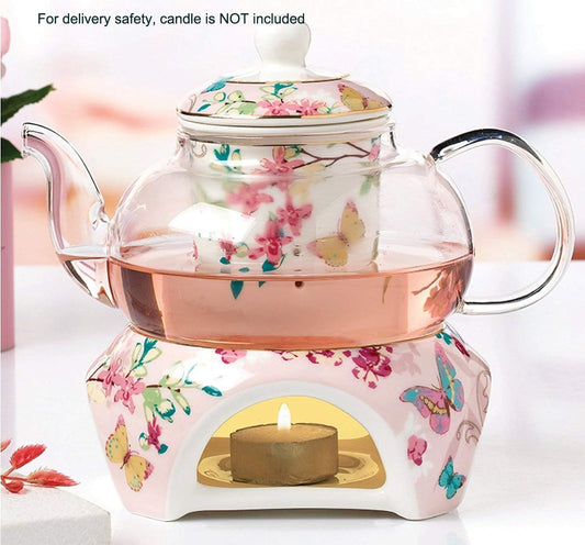 YBKTEX Glass Teapot with Ceramic Warmer- Butterflies Pattern (Pink)