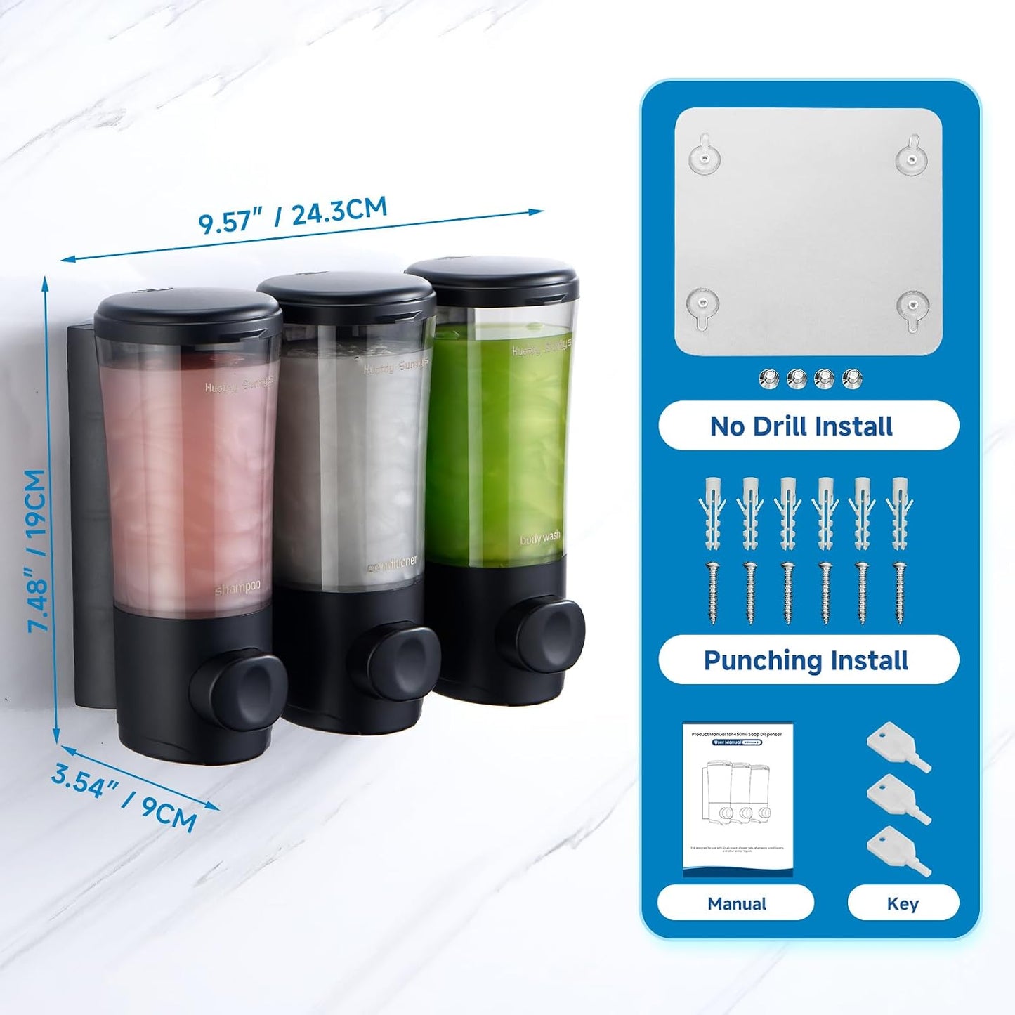 Shampoo and Conditioner Dispenser No Drill Shower Soap Dispenser Wall Mounted Shower Dispenser 3 Chamber with Upgrade Smooth Pump Head Bathroom Body Wash Soap Dispenser Set 450ml*3 Black