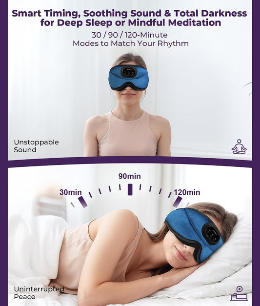 MUSICOZY Sleep Headphones Bluetooth 5.4 with Smart Timer 3D Eye Mask | Auto Shut Off Timer, 14-Hour Playtime, 100% Blackout, Removable Module Washable Design for Sleeping Travel and Meditation