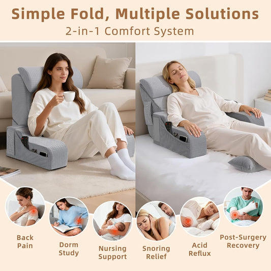 Foldable Reading Pillow for Sitting in Bed Adult, White/Grey, 19" | 2 in 1 Foldable Back Wedge Pillow, Ergonomic Back Support Pillow with Arms for Sleep, Watching TV, Gaming, Working, Recovery