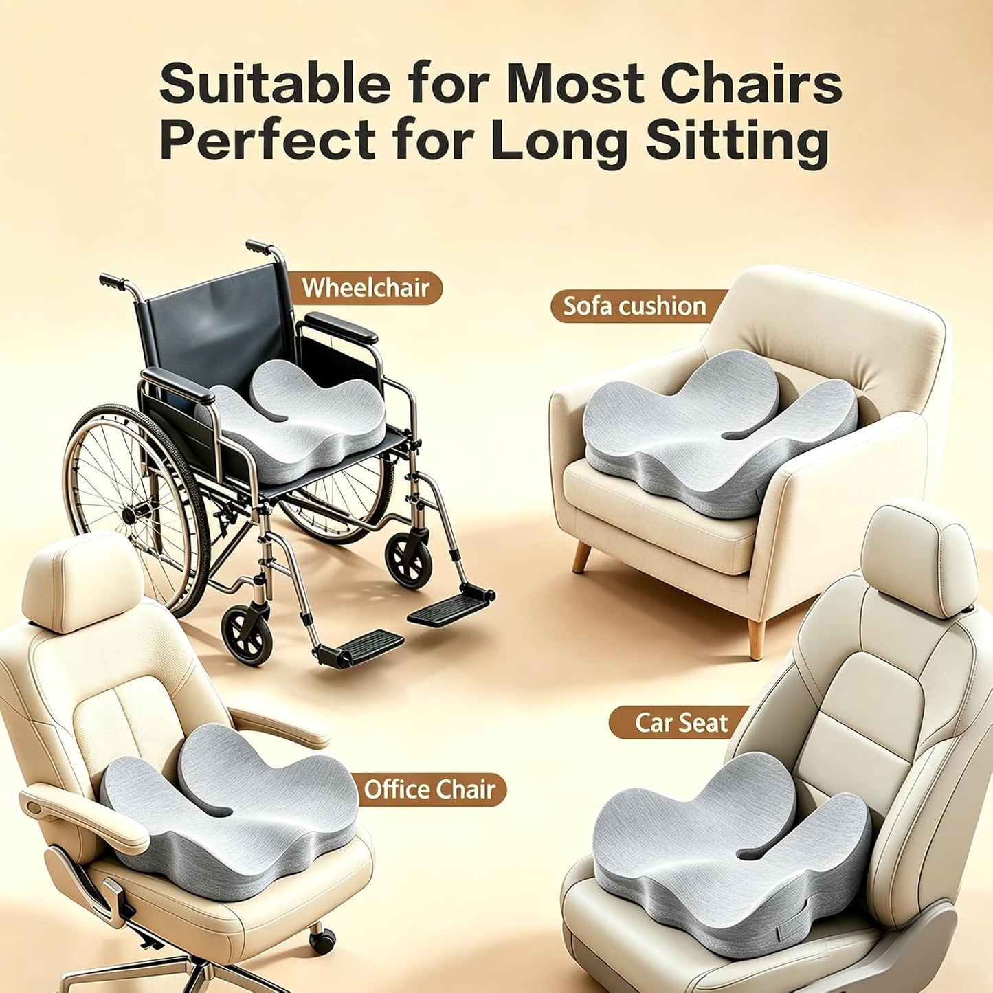 Memory Foam Seat Cushion for Sciatica & Tailbone Pain Relief – Comfort Support for Office Chair, Car Seat, Airplane, Long Sitting Workers & Drivers (Black)
