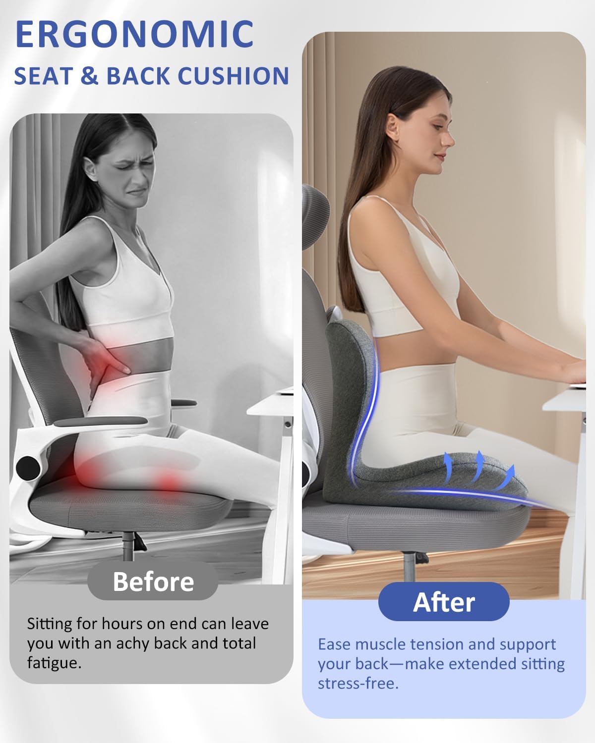 Seat Cushion with Back Support,Lumbar Support Pillow for Office Chair,X Large Memory Foam Chair Cushions for Sciatica Tailbone Pain Relief Coccyx Pad for Wheelchair, Car, Home, Office, Desk