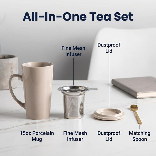 15 Ounce Porcelain Tea Mug with Infuser, Lid and Spoon, Loose Leaf Tea Cup (Mint Green)