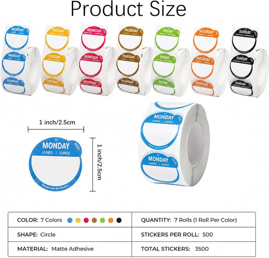 3500Pcs Day Dots Food Labels Monday Through Sunday Removable Date Stickers