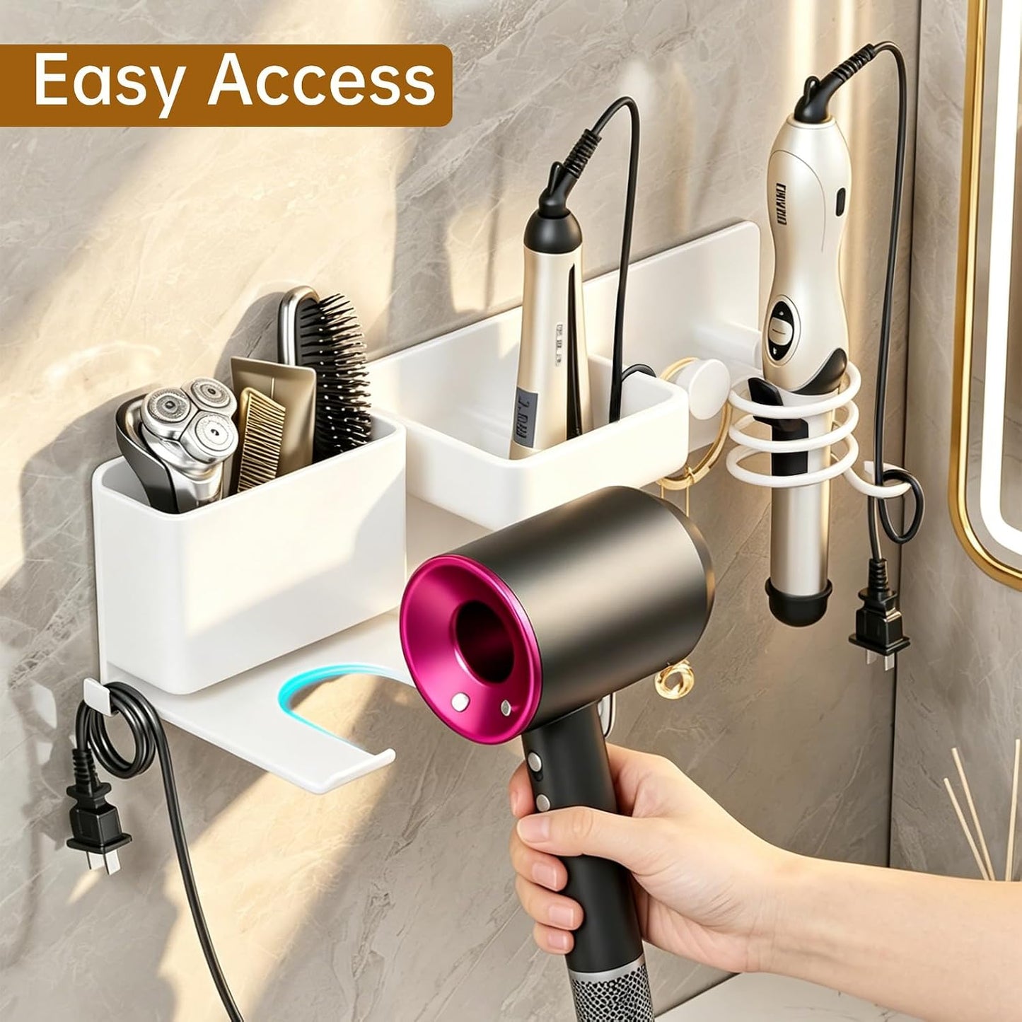 5 in 1 Hair Dryer Holder Hair Tool Organizer Metal Wall Mount (Black) | Curling iron and flat iron storage, Heavy-duty metal rack for styling tools, Cluttered countertops solution for space saving