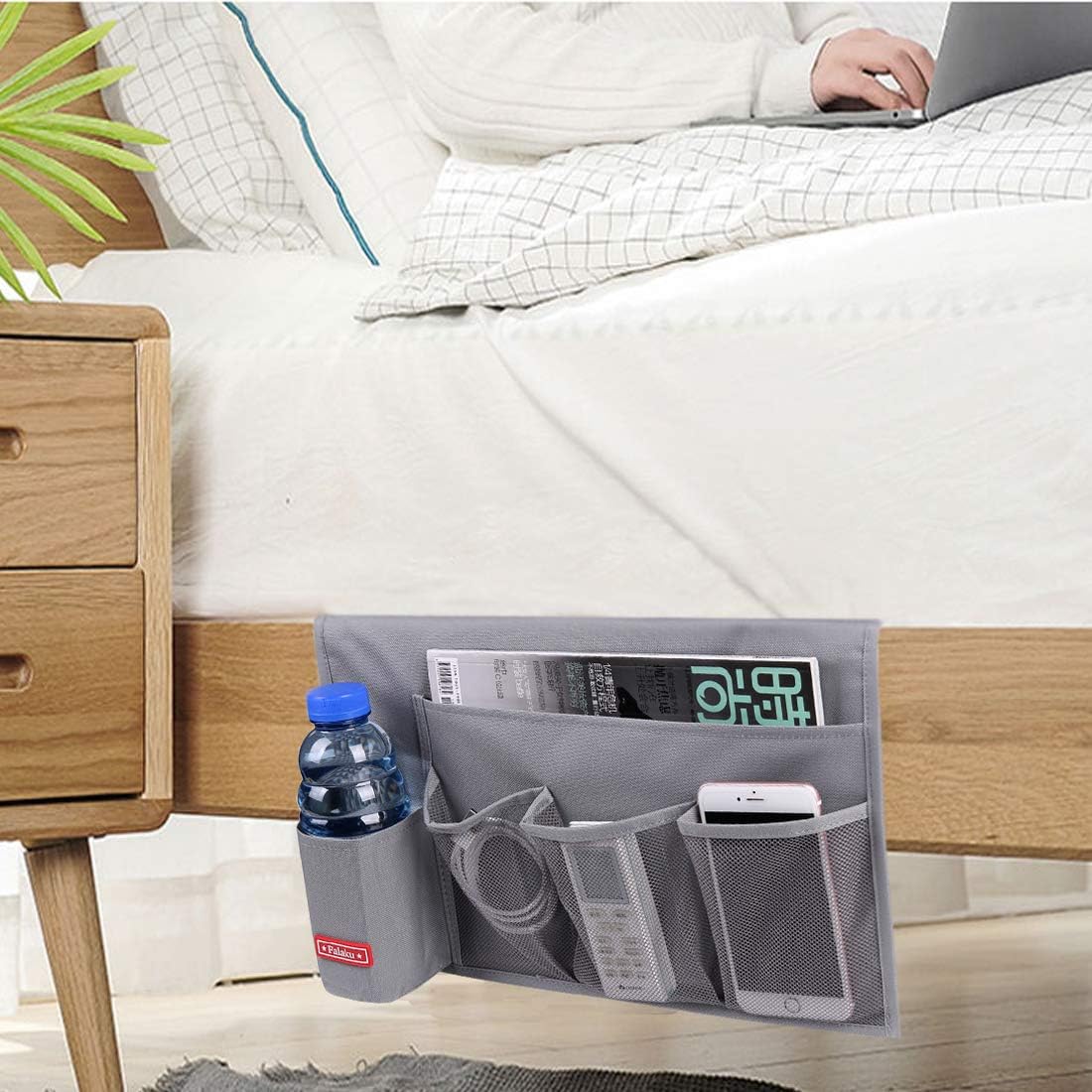 Bedside Caddy,Bedside Organizer Caddy Under Mattress,Holds Magazines,Books (4 Pockets-Grey)