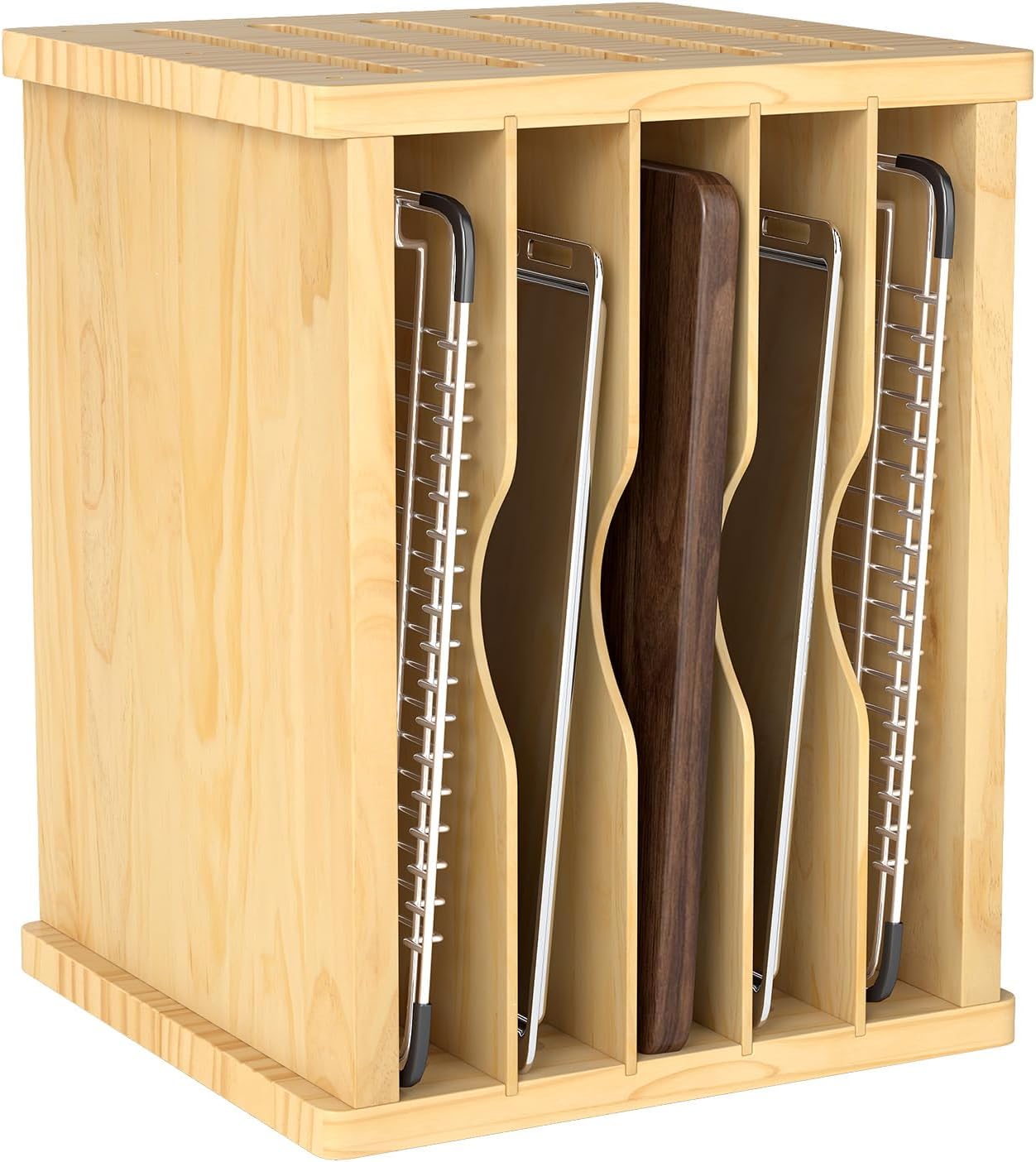 6 Tier Cookie Sheet Pan Organizer for Kitchen Cabinet | Sturdy Natural Solid Wood, Easy Assembly, Vertical Tray Divider for Baking Sheets, Platters, Cutting Boards