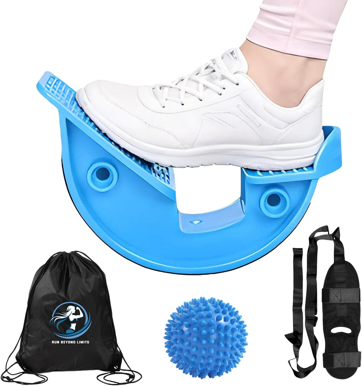 JIURUN Calf Stretcher and Foot Rocker for Plantar Fasciitis - Leg Stretching Strap, Hamstring and Calf Stretcher, Suitable for Stretching Legs and Thighs (Blue)