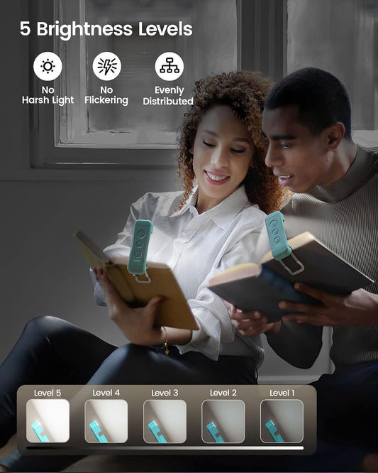 Glocusent USB Rechargeable Book Light 2 Pack, Portable Clip-on LED Reading Light, 3 Amber Colors & 5 Brightness Dimmable, Compact & Long Lasting, Perfect for Book Lovers, Kids