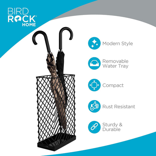 BIRDROCK HOME Decorative Umbrella Stand with Removable Water Tray - Large Freestanding Umbrella Rack and Cane Walking Stick Organizer - Metal Umbrella Holder for Entryway & Indoor Use - Black, Striped | Decorative Large Freestanding Rack and Cane Walking
