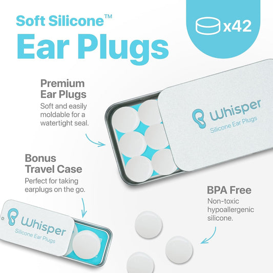 Whisper Ear Plugs (42 pcs) | Soft Silicone | Reusable Silicone Ear Plugs for Swimming, Sleep, Travel, Noise & Snoring | Moldable Comfort Fit Wax Earplugs for Sleep | Waterproof Swim Ear Plugs Adults