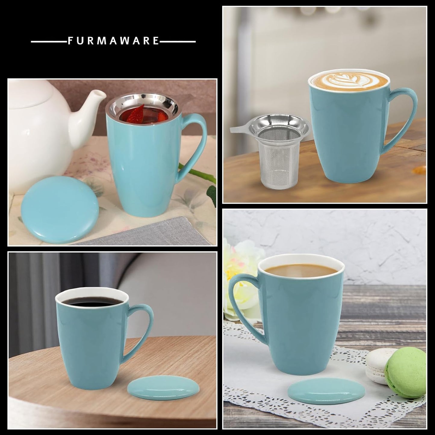 PorcelainTea Mug, 15oz Ceramic Tea Infuser Cup with Cooling Handle & Strainer, Microwave and Dishwasher safe Steeping Cup for Tea lovers, Christmas, Birthday and Mother’s Day (Turquoise)