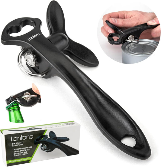 Lantana Can Opener (Smooth Edge/Safety), Handheld Manual, Bottle Cap Lifter | No sharp edges, smooth edge safety cutting, lid fits back onto can, easy grip handle, lightweight and easy to use