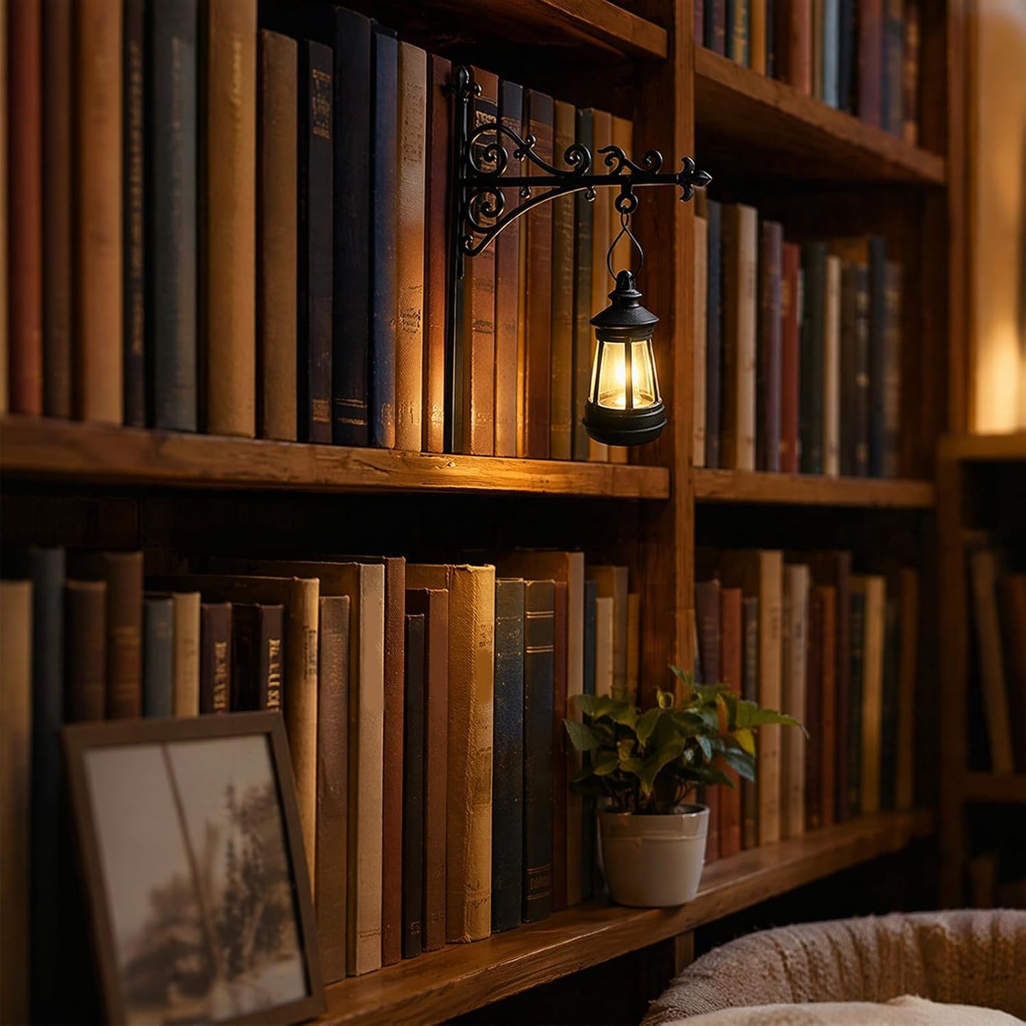 Library Lantern-Decorative Bookshelf Lighting, Mini Bookshelf Lamp Slides Between Books, Warm Amber LED Bookshelf Lights for Book Nook, Shelf Decor Gift for Book Lovers(Classic Lantern)