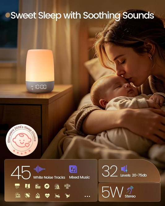 Glocusent White Noise Sound Machine for Sleep, 45 Sleep Sounds | 12 Color Night Light, Dual Alarm, Dual Audio, Bluetooth, APP Control, 2200mAh Battery for Adult, Baby, Kids