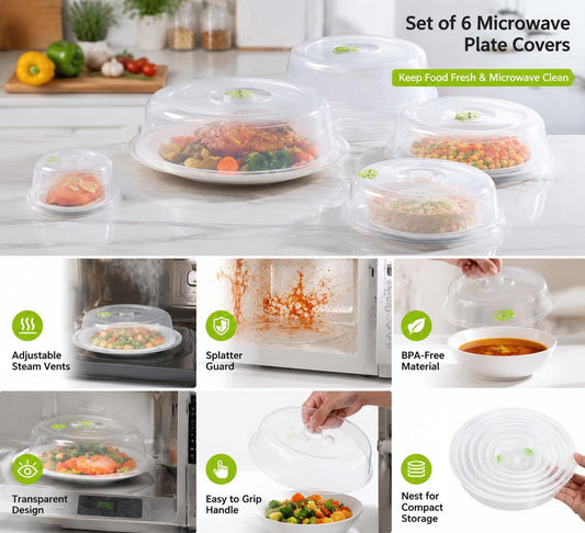 TENINYU Microwave Plate Covers Set of 6, BPA-Free, Mixed Sizes with Adjustable Steam Vents, Splatter Guard for Food Plates and Bowls
