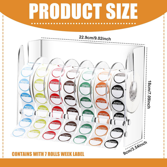 Resurhang 7000 Pcs Day of The Week Labels Food Labels with Adjustable Label Dispenser Monday Through Sunday Management Inventory Stickers Removable Weekly Self Adhesive Date Dot Stickers (Square)