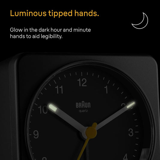 Braun Classic Analogue Alarm Clock with Snooze and Light, Quiet Quartz Sweeping Movement, Crescendo Beep Alarm in Black, Model BC03B.