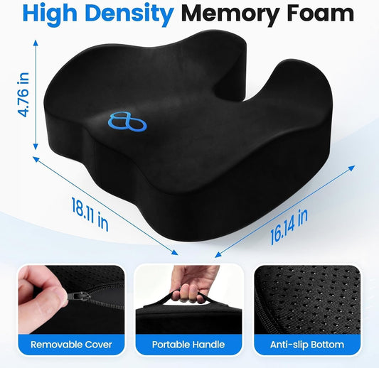 Seat Cushion, Non-Slip Memory Foam Chair Cushion for Taibone, Black/Large | Chair Pillow with Handles for Car Office Chair, Tailbone/Sciatica Easing& Post-Surgery Recovery Chair Cushion