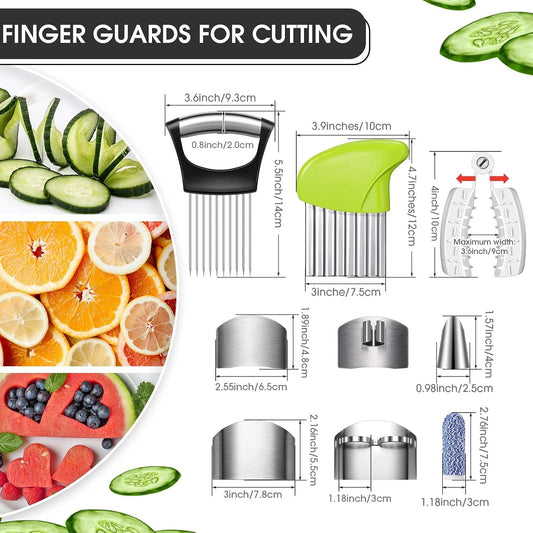 11 Pcs Finger Guard Set for Cutting, Stainless Steel Protector | Knife Cutting Protector, Thumb Guard Protector, Potato Crinkle Cutter, Onion Holder Mandoline Slicer, Chopping Avoid Hurting