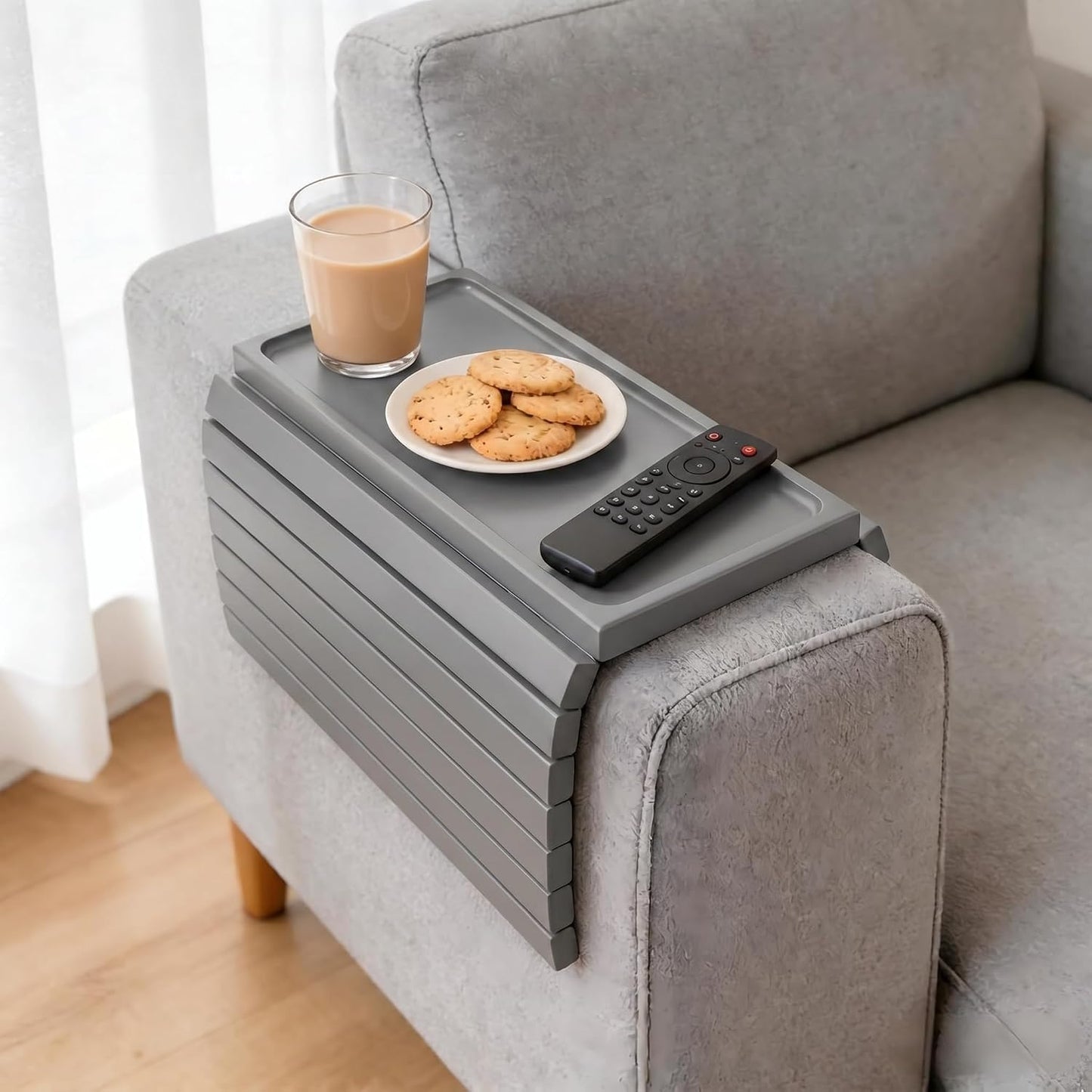 Acacia Wood Couch Armrest Table, Couch Arm Tray, Foldable Anti-Slip Wood Couch Tray, Sofa Cup Holder for Drink Snacks Remote Control