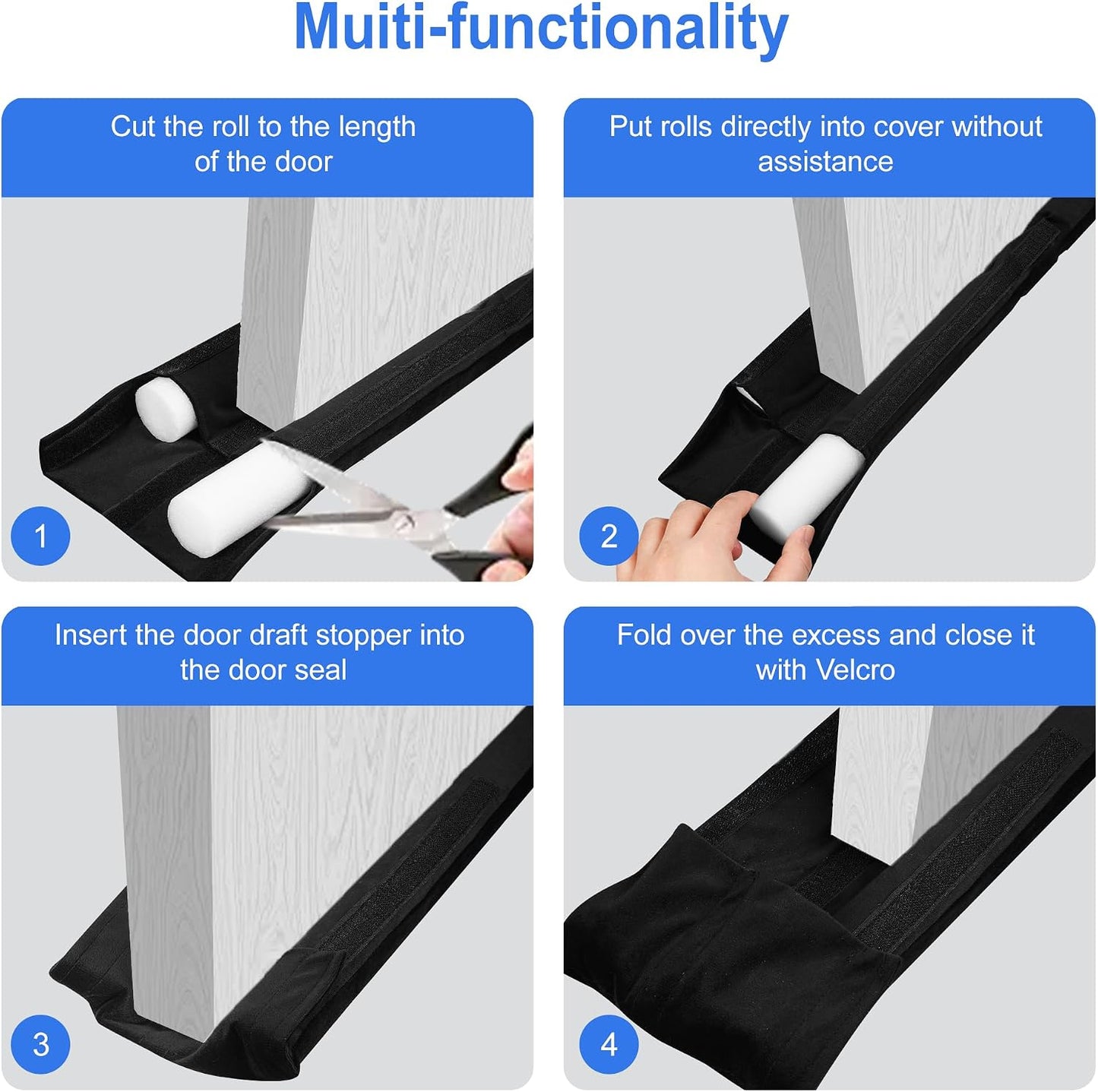 39" Door Draft Stopper - Adjustable Under Door Blocker, Double Sided Weather Stripping for Noise & Dust Proof - Universal Fit (Removable Fabric/Sponge)(Black)