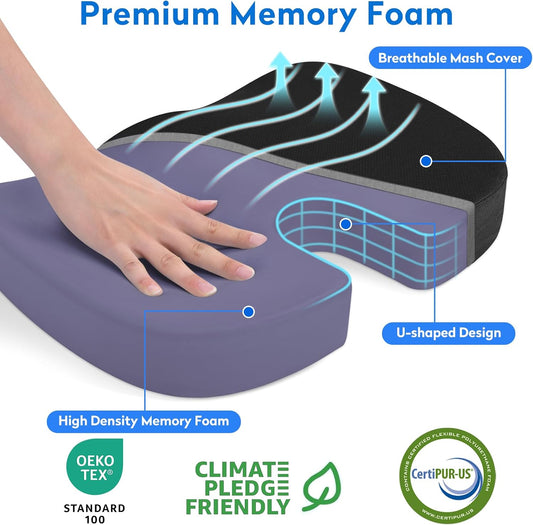 CushZone Seat Cushion Memory Foam Chair Pad for Office & Car, Black | Office Seat Cushion, Sciatica, Tailbone Back Pain Relief, Orthopedic Coccyx Pillow for Car, Pregnancy & Long Sitting at Work