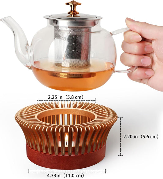 Tea Warmer, Aluminum Alloy & Wood, for Heating Tea Coffee Milk | Magnolia Flower Design, Golden, Short Teapot Warmer for Indoor & Outdoor