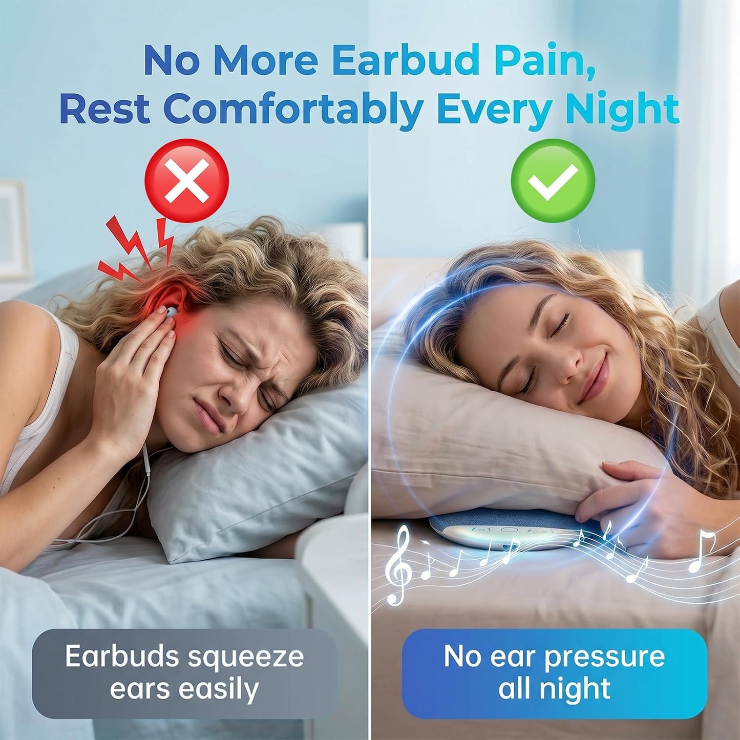 Under Pillow Speaker for Sleeping with Bluetooth, White Noise 11mm | Sleep Pillow Speaker, 30/60/90s Timer & 3 White Noise, 10H Playtime, USB Rechargeable, Adjustable Volume, for Home & Travel