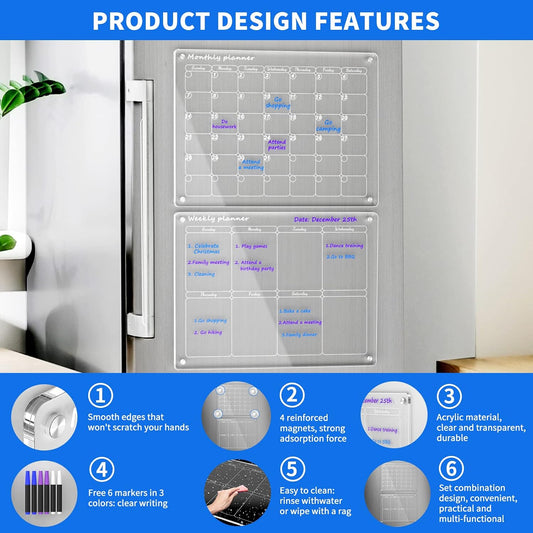 AITEE Magnetic Monthly Weekly Dry Erase Board Set for Fridge with 6 Markers | 16x12 acrylic, 2 pack, 6 markers 3 colors, quick wipe no ghosting, 4 strong magnets, nano tape for stainless, for home office
