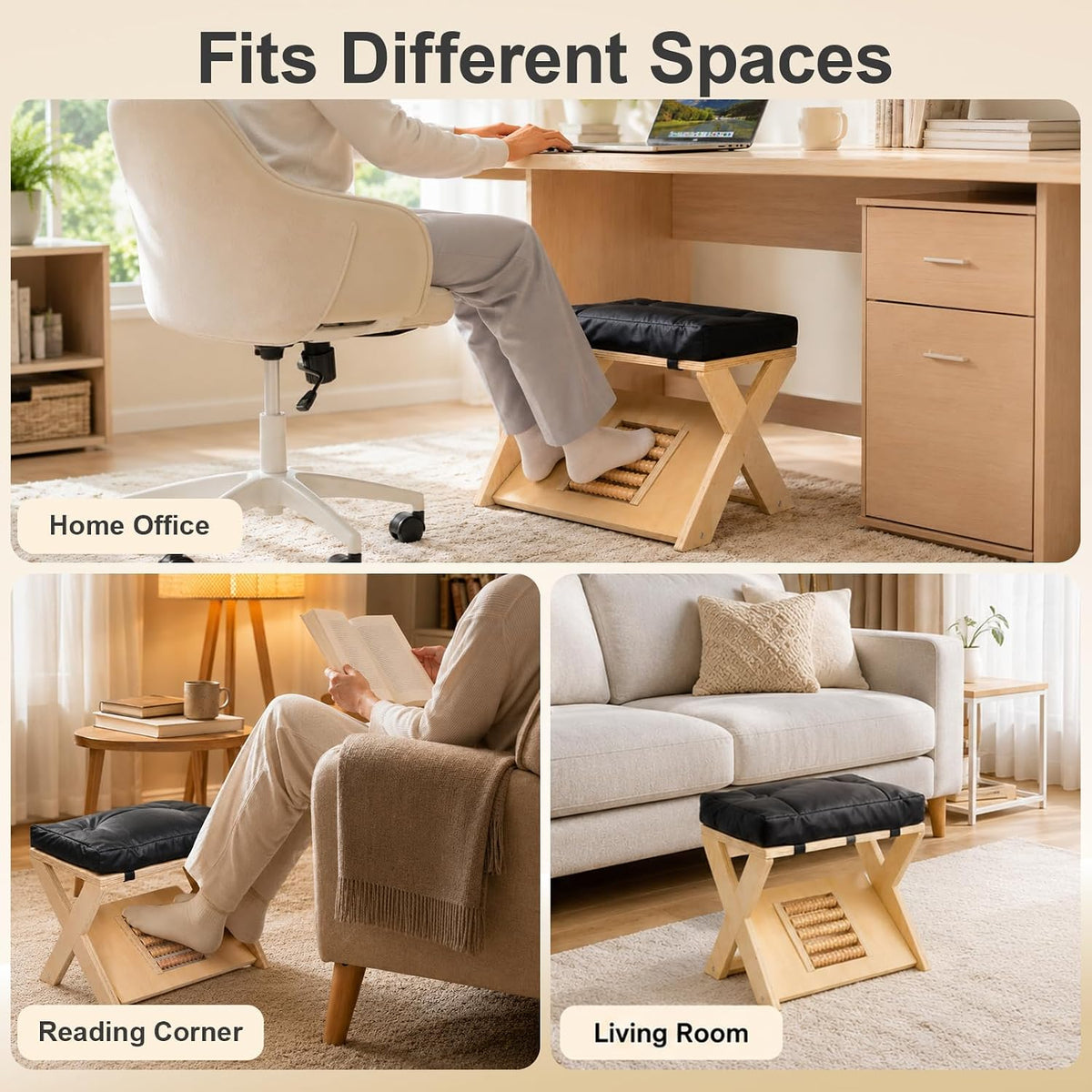 Double Step Footrest, Adjustable Wooden Foot Stool Under Desk with Massage Roller Footboard and Cushioned Top, Under Desk Footrest for Home Office