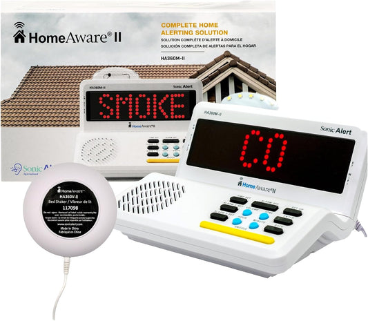 Sonic Alert HomeAware® II Basic Starter Kit – Alerting System for Deaf/Hard of Hearing/Heavy Sleepers – Listens to Your Existing Smoke & CO Alarms – Bed Shaker, Strobe, Scrolling Display, Caller ID