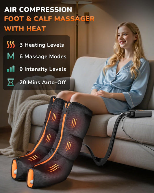 JZBRAIN Leg Compression Massager with Heat for Circulation, Pain Relief | Foot and Calf Massage Therapy, 9 Intensity, 6 Modes, 3 Heating, Plug-in Use, Massage for Women, Men, Father, Mother
