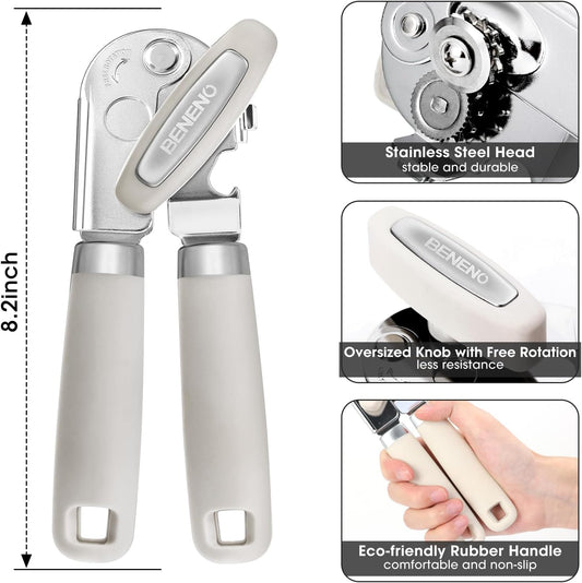 Beneno Heavy Duty Hand Can Opener Manual with Magnet Lid Remover, Black | Razor-Sharp Carbon Steel Blade, Precise Smooth Cutting Gear, Big Effort-Saving Knob, Soft Grip Handle, Built-in Bottle Opener