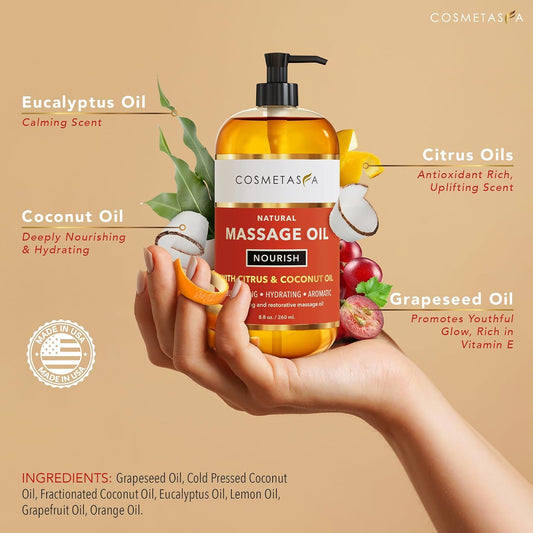 Cosmetasa Massage Oil for Sore Muscle Massage Therapy with Roller - All Natural, Cruelty-Free Massage Oils for Muscle Relaxing & Joint Comfort - Arnica Extract with Lavender & Chamomile Oil (8.8 oz)